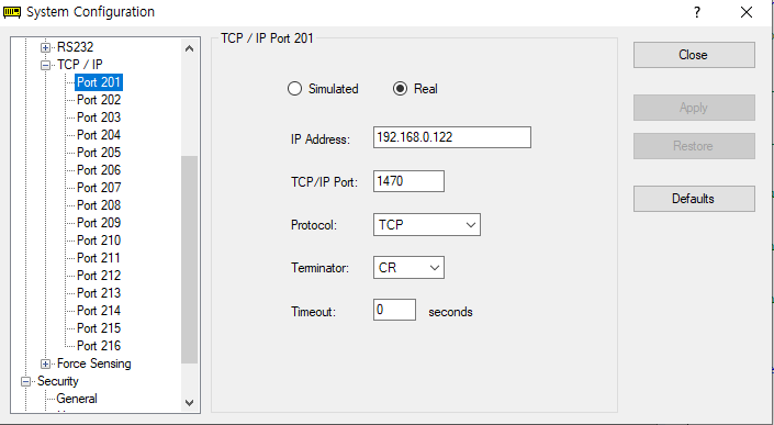 EPSON RC+ System Configuration — TCP/IP Port 201 설정 (IP 192.168.0.122, Port 1470)