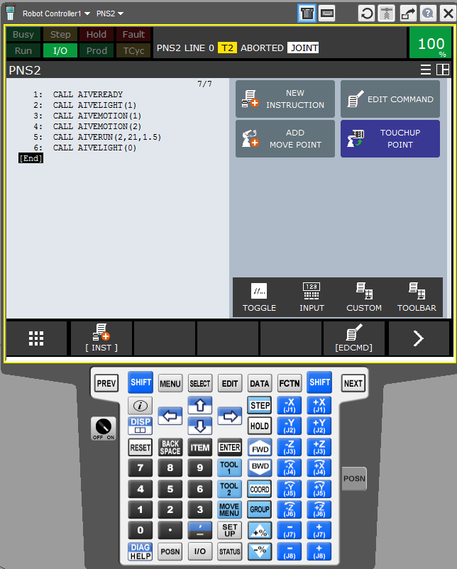 FANUC 펜던트 — CALL AIVEREADY, AIVELIGHT, AIVEMOTION, AIVERUN 시퀀스