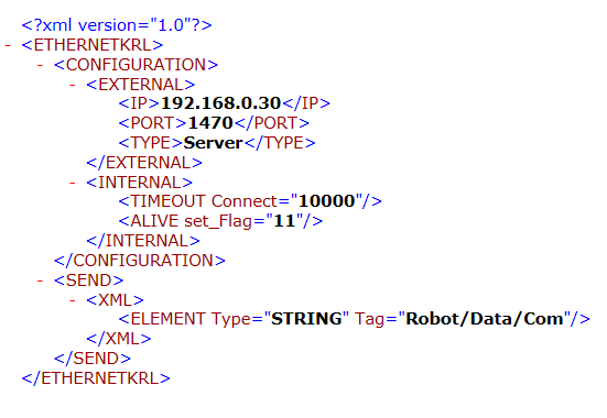 EthernetKRL XML 설정 파일 — IP 192.168.0.30, PORT 1470, TYPE Server