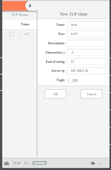 New TCP Client 등록 — Name: Aive, Port: 1470, Server ip: 192.168.0.30