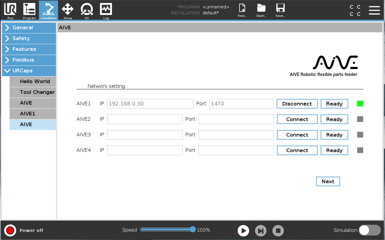 PolyScope URCaps AIVE — Network setting, AIVE1~4 IP/Port 동시 연결